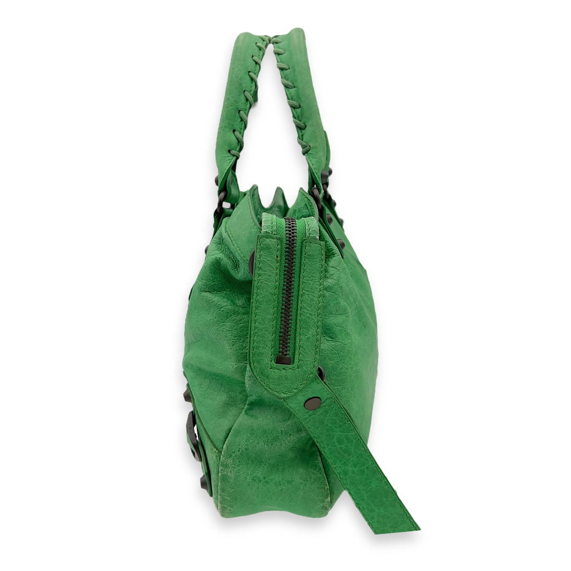 Motorcycle Town Green Top Handle Bag in Distressed Leather, Gunmetal hardware