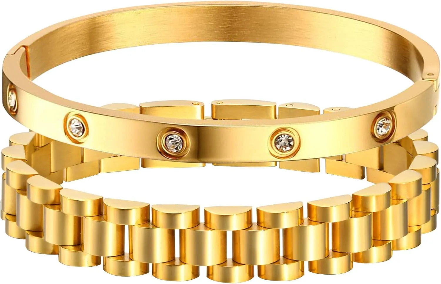 MPRAINBOW 2pcs Gold Chain Link Bracelet, Stainless Steel Crystal Friendship Bracelets Bangle,Watch Band Chains Wristband Jewelry with Adjust Tool