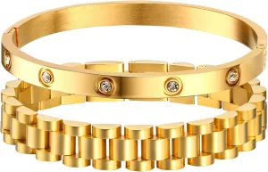 MPRAINBOW 2pcs Gold Chain Link Bracelet, Stainless Steel Crystal Friendship Bracelets Bangle,Watch Band Chains Wristband Jewelry with Adjust Tool