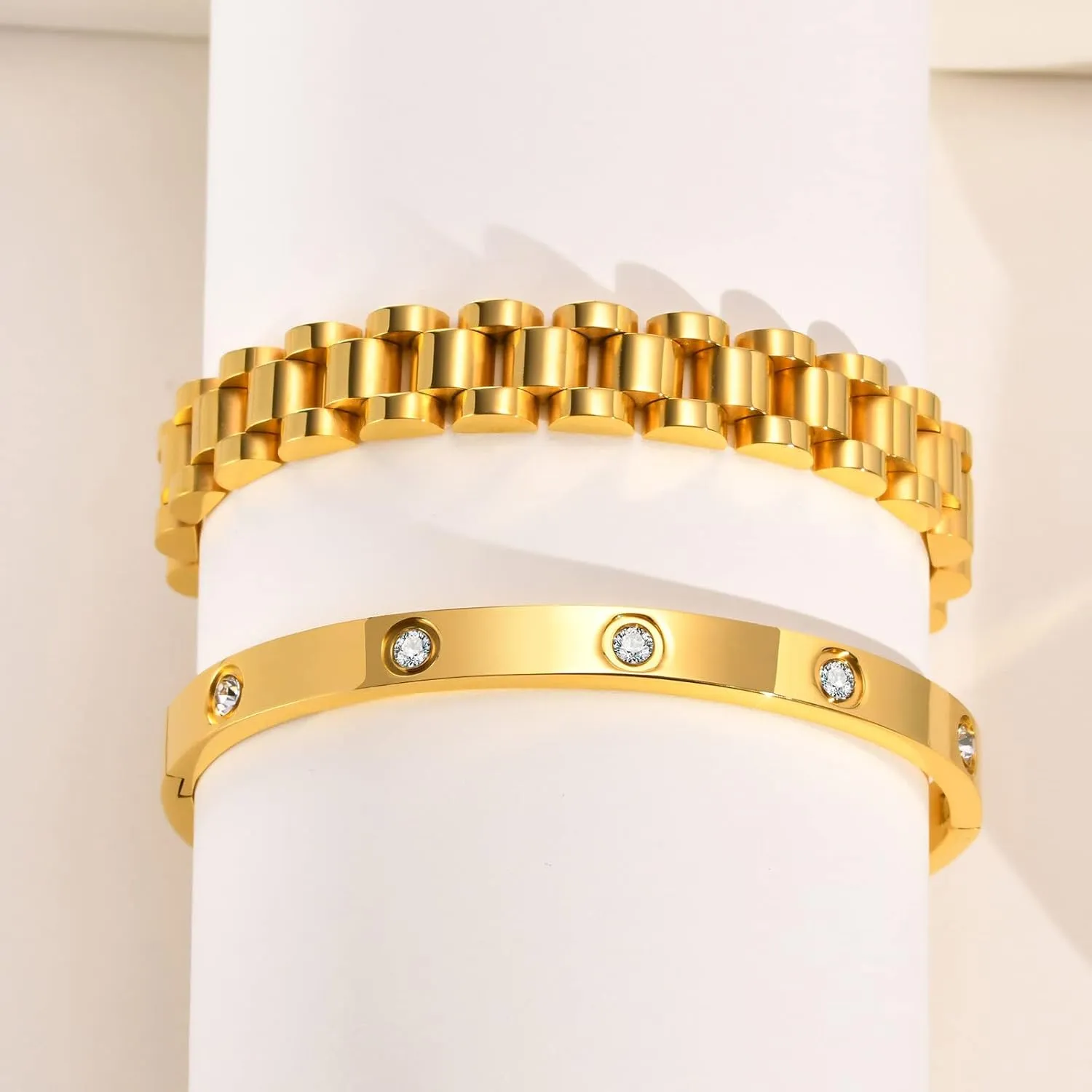 MPRAINBOW 2pcs Gold Chain Link Bracelet, Stainless Steel Crystal Friendship Bracelets Bangle,Watch Band Chains Wristband Jewelry with Adjust Tool