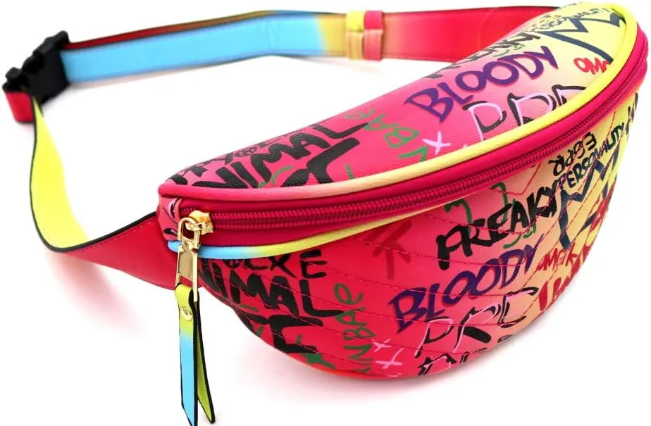 Multi Color Graffiti Print PU Leather Hip Fashion Fanny Pack Waist Belt Bag Clutch Sling (Graffiti Print Checker Stitch - Multi D)
