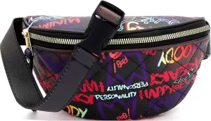 Multi Color Graffiti Print PU Leather Hip Fashion Fanny Pack Waist Belt Bag Clutch Sling (Graffiti Print Checker Stitch - Multi D)
