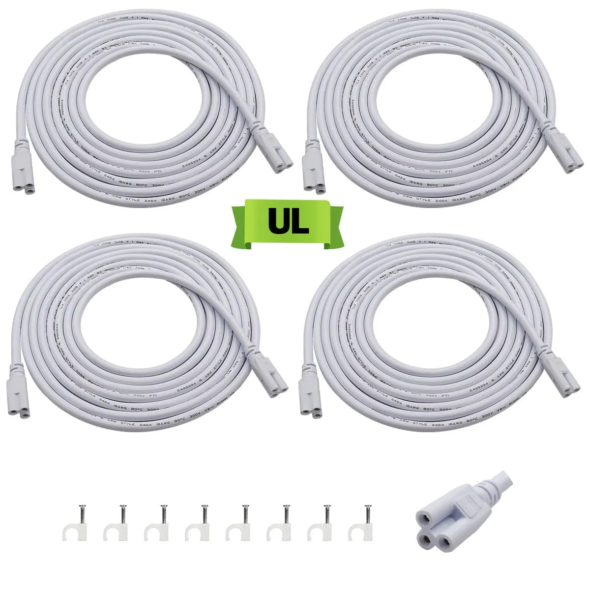 mxuteuk 4 Pack UL Certification 18AWG T5 T8 Double End LED 3Pin Lamp Connecting Wire (9.8FT/3M) with 8PCS Clips, Integrated Tube Cord Light Extension Cable for LED Tube Lamp Holder Socket