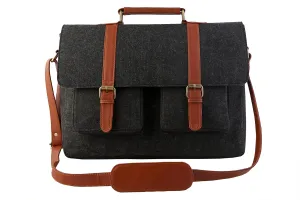 Mysa Black Felt Vegan Leather Slim Vintage Messenger Crossbody Satchel Shoulder Briefcase Bag with Adjustable Strap for Office Work Travel fits upto 14.5" Computer Laptop Tablet for Men Women