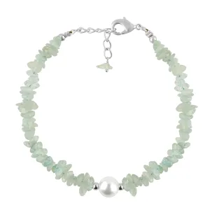 Natural Aquamarine Gemstone Bracelet with Cultured Pearl, Uncut Nuggets Beads, Handmade Women Jewelry, Healing Crystal, Silver Plated Chain, March Birthstone, Gift for Her, 8inch