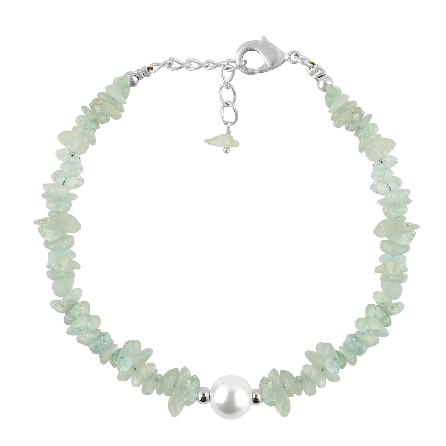 Natural Aquamarine Gemstone Bracelet with Cultured Pearl, Uncut Nuggets Beads, Handmade Women Jewelry, Healing Crystal, Silver Plated Chain, March Birthstone, Gift for Her, 8inch