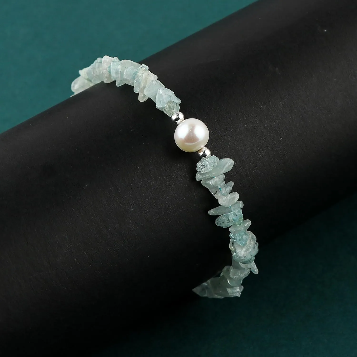 Natural Aquamarine Gemstone Bracelet with Cultured Pearl, Uncut Nuggets Beads, Handmade Women Jewelry, Healing Crystal, Silver Plated Chain, March Birthstone, Gift for Her, 8inch