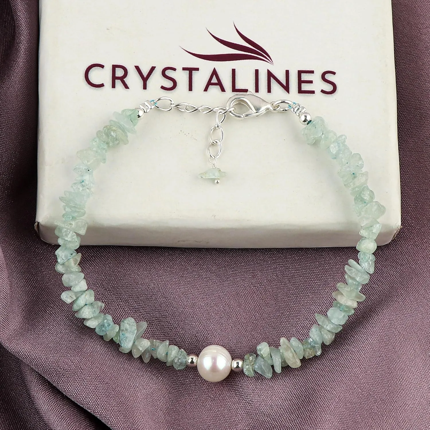 Natural Aquamarine Gemstone Bracelet with Cultured Pearl, Uncut Nuggets Beads, Handmade Women Jewelry, Healing Crystal, Silver Plated Chain, March Birthstone, Gift for Her, 8inch