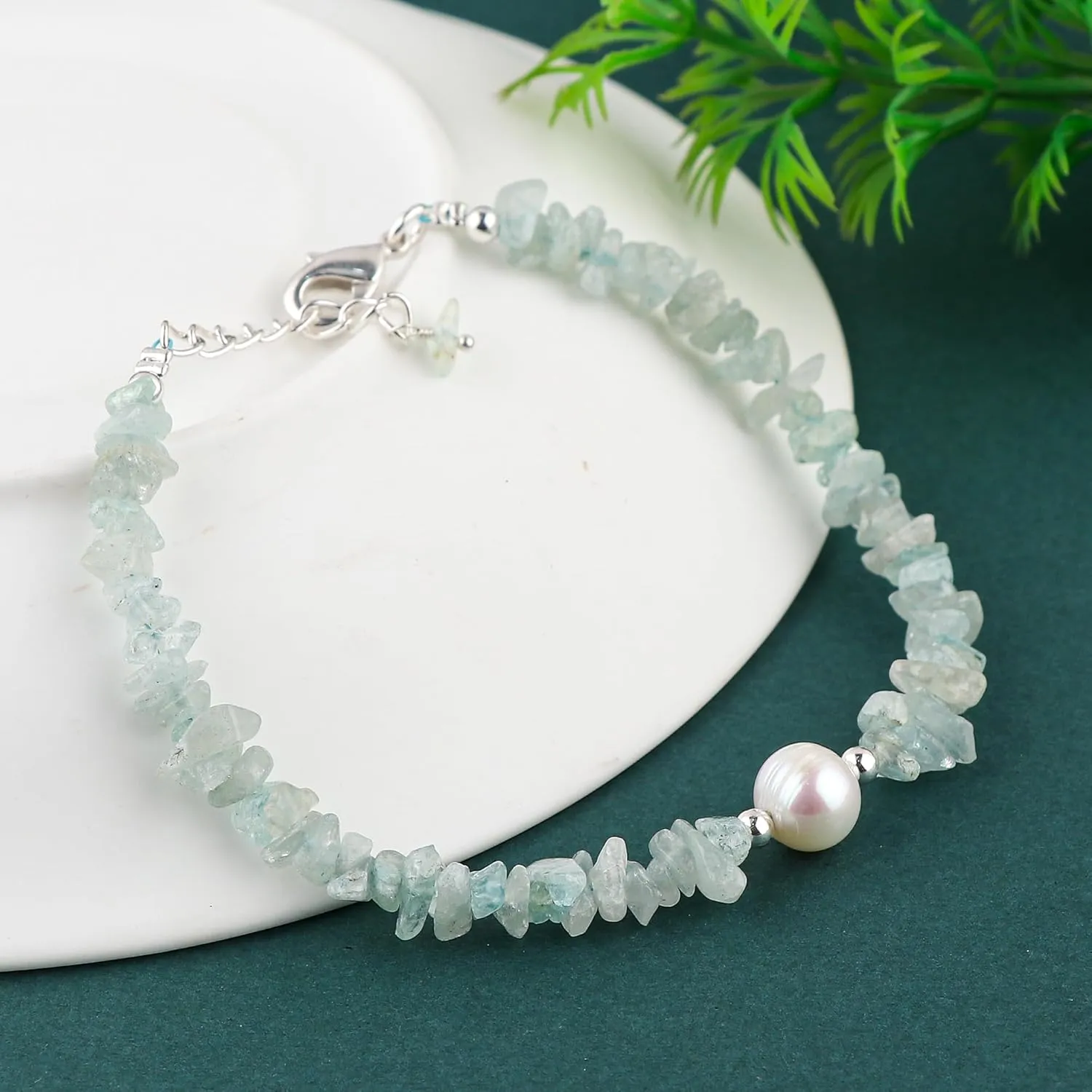 Natural Aquamarine Gemstone Bracelet with Cultured Pearl, Uncut Nuggets Beads, Handmade Women Jewelry, Healing Crystal, Silver Plated Chain, March Birthstone, Gift for Her, 8inch