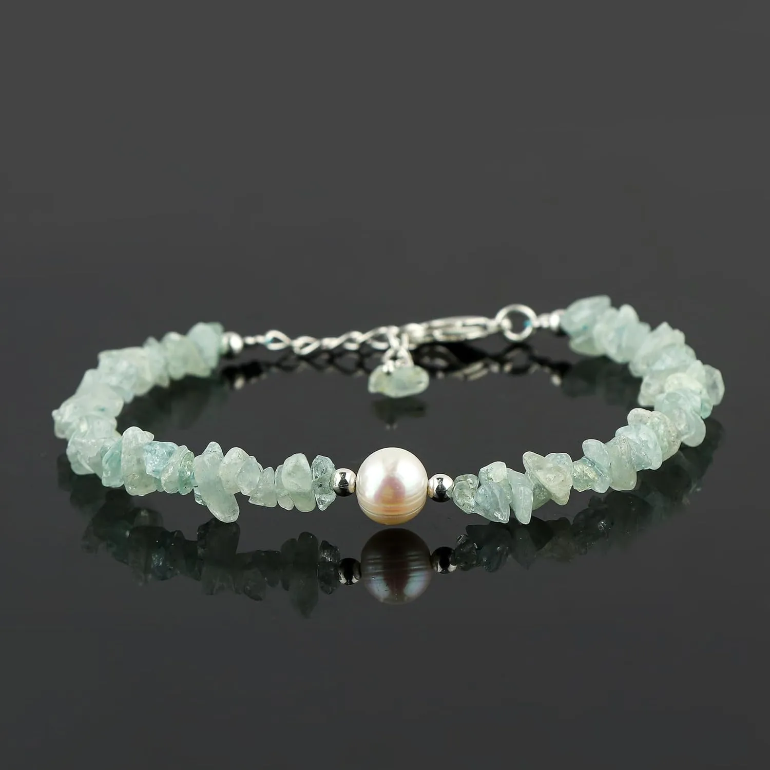 Natural Aquamarine Gemstone Bracelet with Cultured Pearl, Uncut Nuggets Beads, Handmade Women Jewelry, Healing Crystal, Silver Plated Chain, March Birthstone, Gift for Her, 8inch