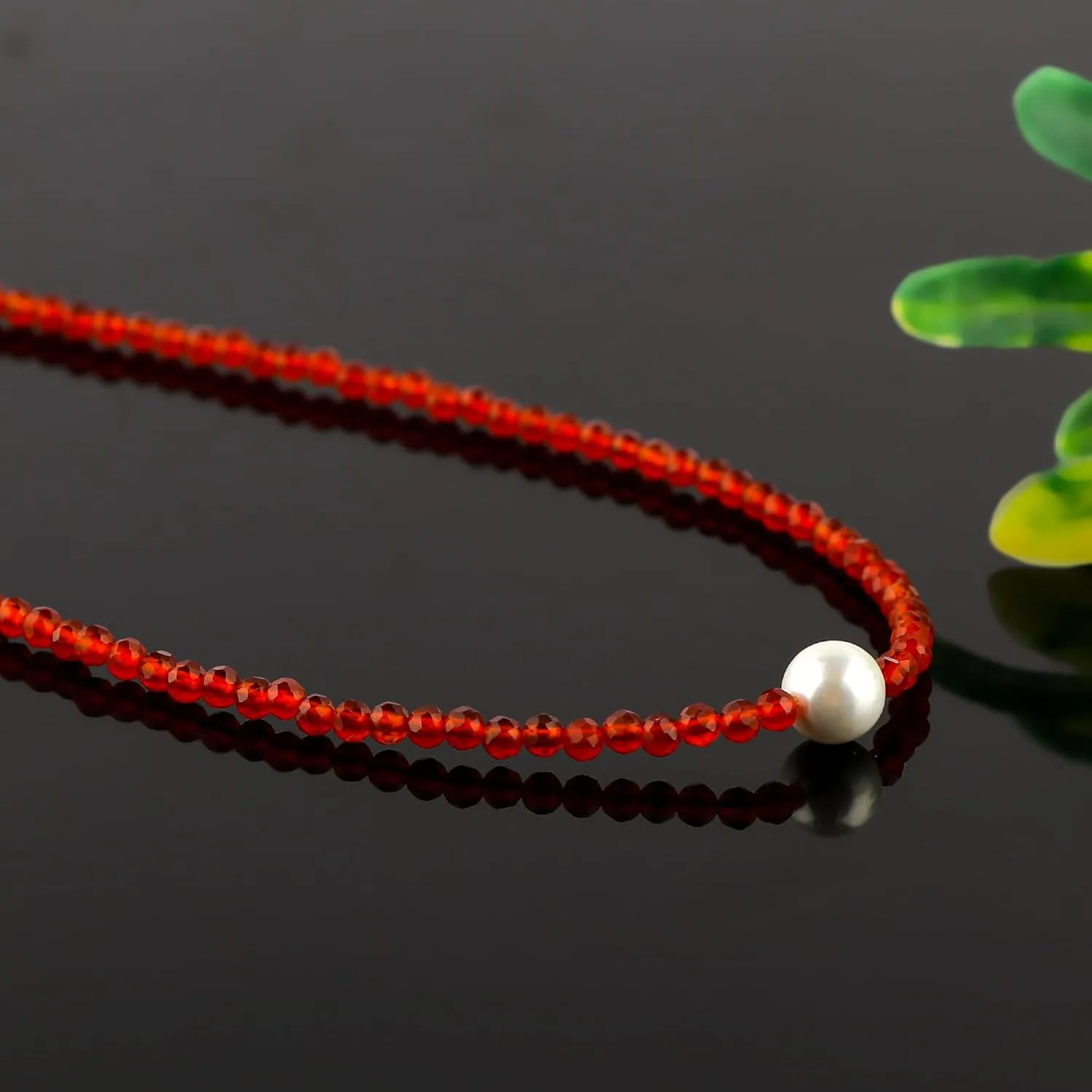 Natural Carnelian Gemstones Beads Choker Necklace with Cultured Pearl, Handmade, Beaded Necklace, Women Jewelry, Real Stones & Crystals, Silver Plated, Adjustable Chain 18"