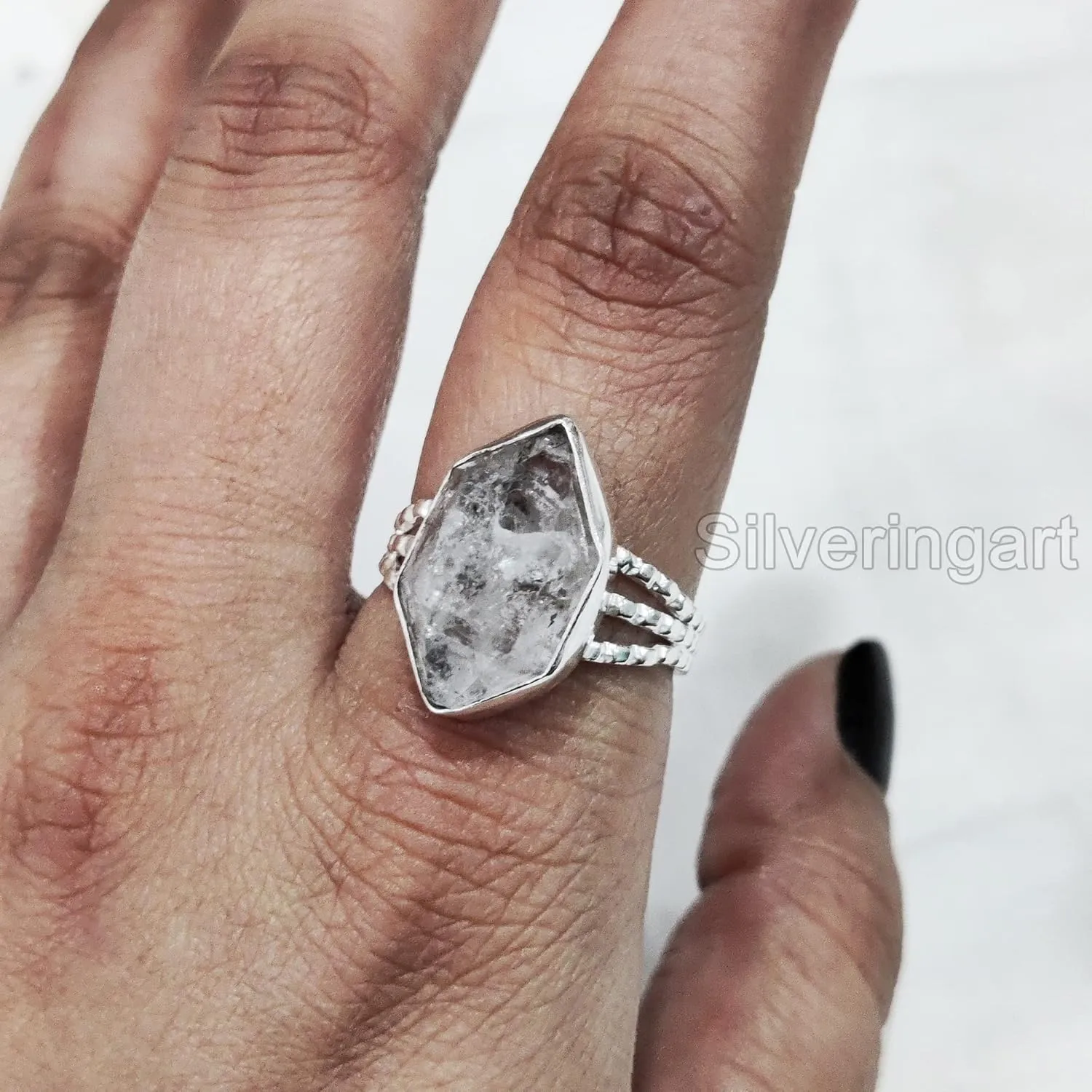 Natural Herkimer Diamond Ring, Rough Herkimer Diamond Ring, 3 Doted Band, 925 Sterling Silver, Womens Ring, Christmas, Thanksgiving, Handmade, Statement Jewelry, Raw Gemstone Jewelry (9)