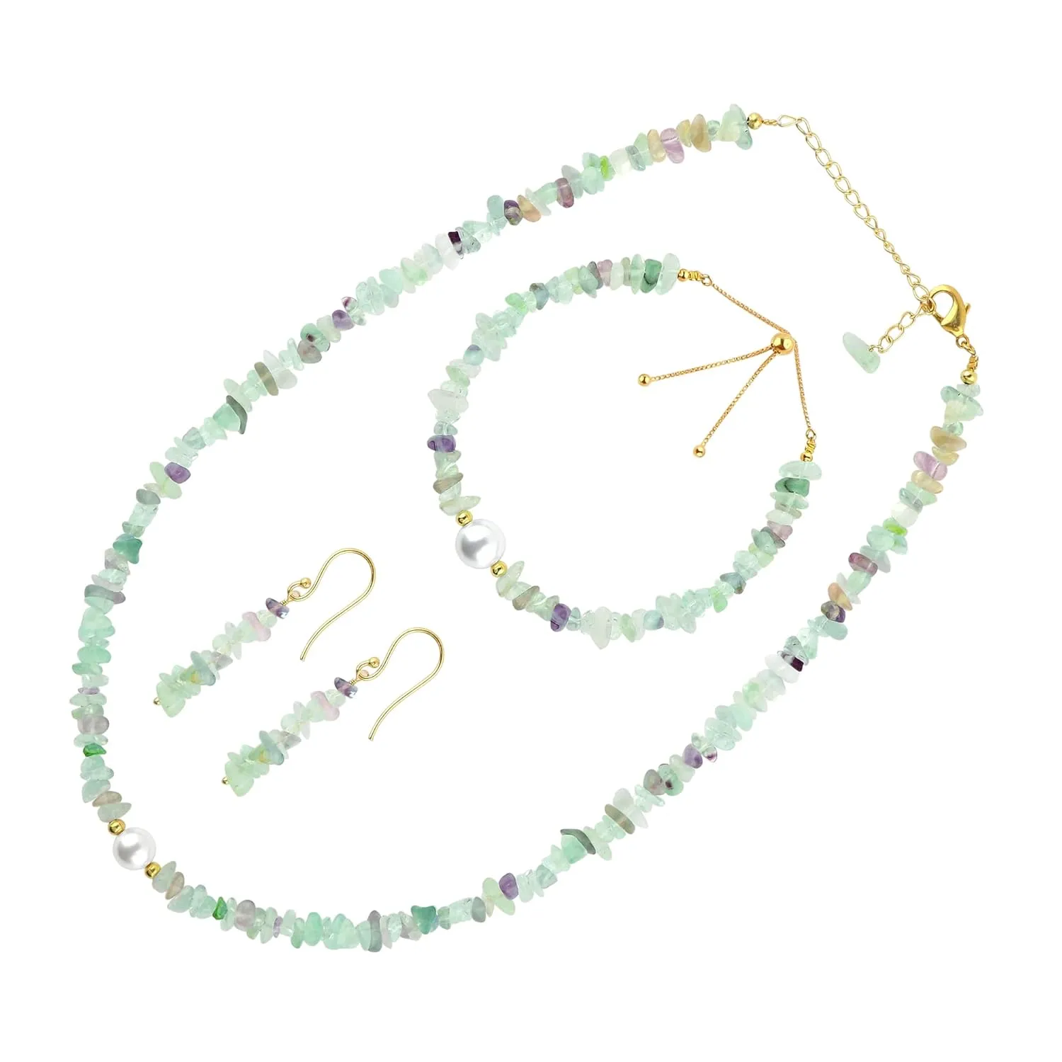 Natural Raw Multi Fluorite Gemstone Nuggets Jewelry Set, Cultured Pearl Beads, Handmade Bracelet Necklace Earrings, Gold Plated Jewelry, High Grade Stones, Birthday Gift for Women