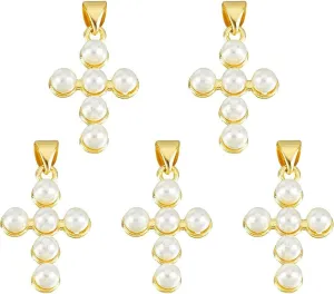 NBEADS 5 Pcs Cross Shell Pearl Pendants, Natural Shell Pearl Charms with Brass Findings Real 18K Gold Plated for DIY Necklace Bracelet Jewelry Makings