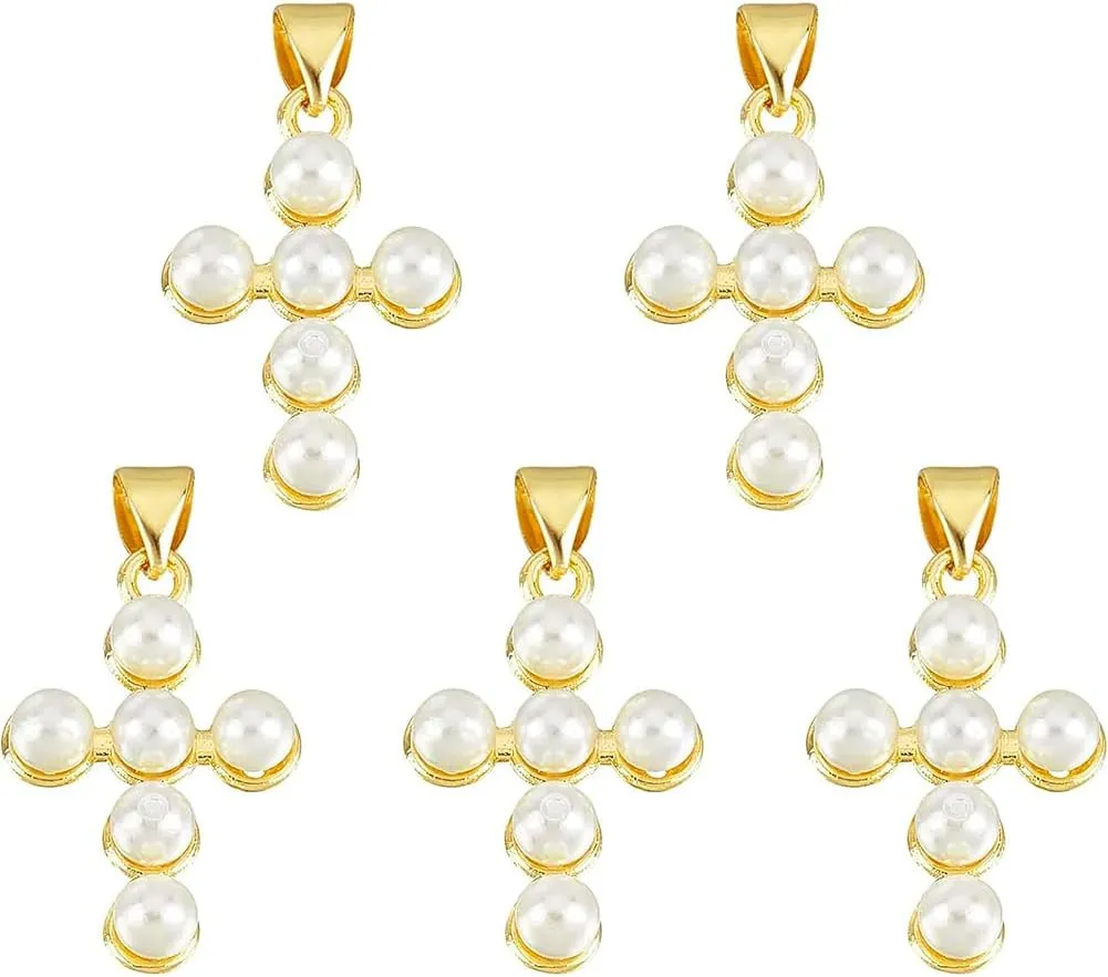 NBEADS 5 Pcs Cross Shell Pearl Pendants, Natural Shell Pearl Charms with Brass Findings Real 18K Gold Plated for DIY Necklace Bracelet Jewelry Makings