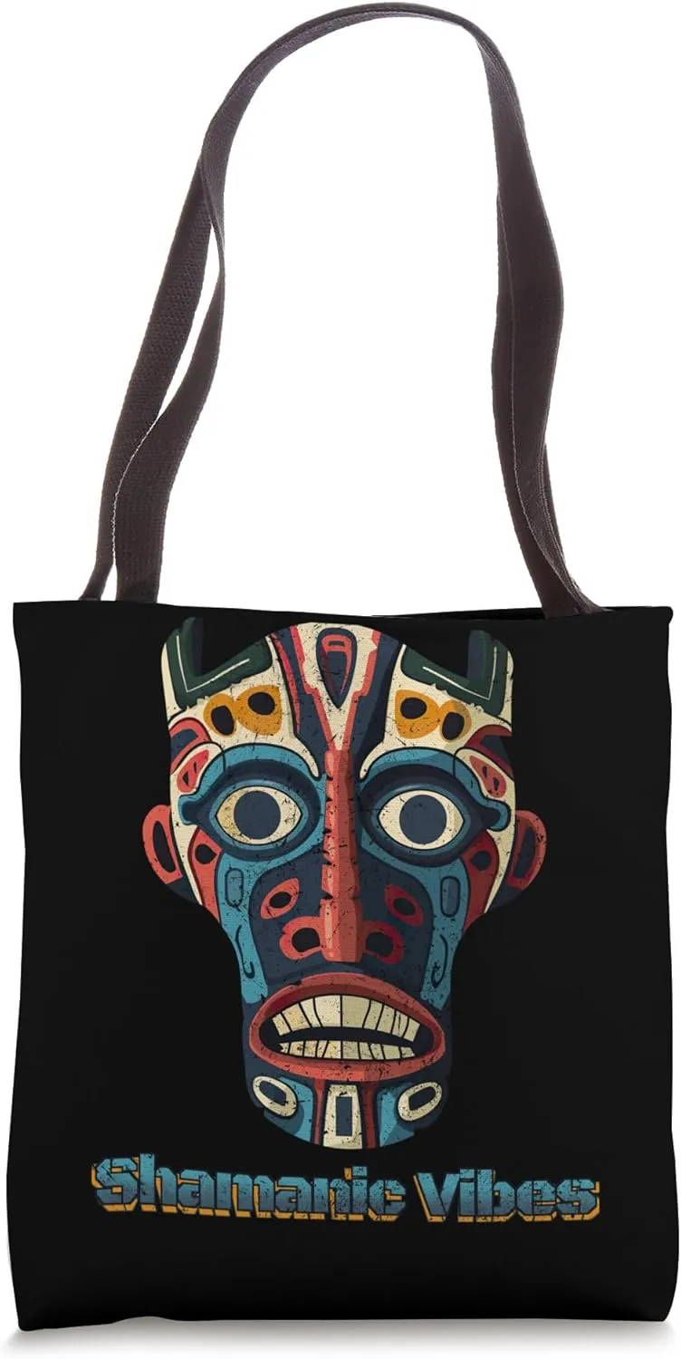 Neo Tribal Shaman Mask Primal Primitive Colorful Distressed Tote Bag