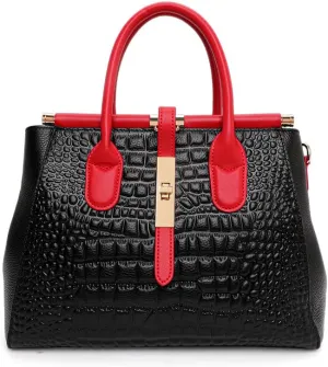 New women's leather bag, large capacity color blocking design handbag with crocodile pattern printed on the surface