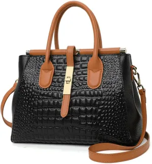 New women's leather bag, large capacity color blocking design handbag with crocodile pattern printed on the surface