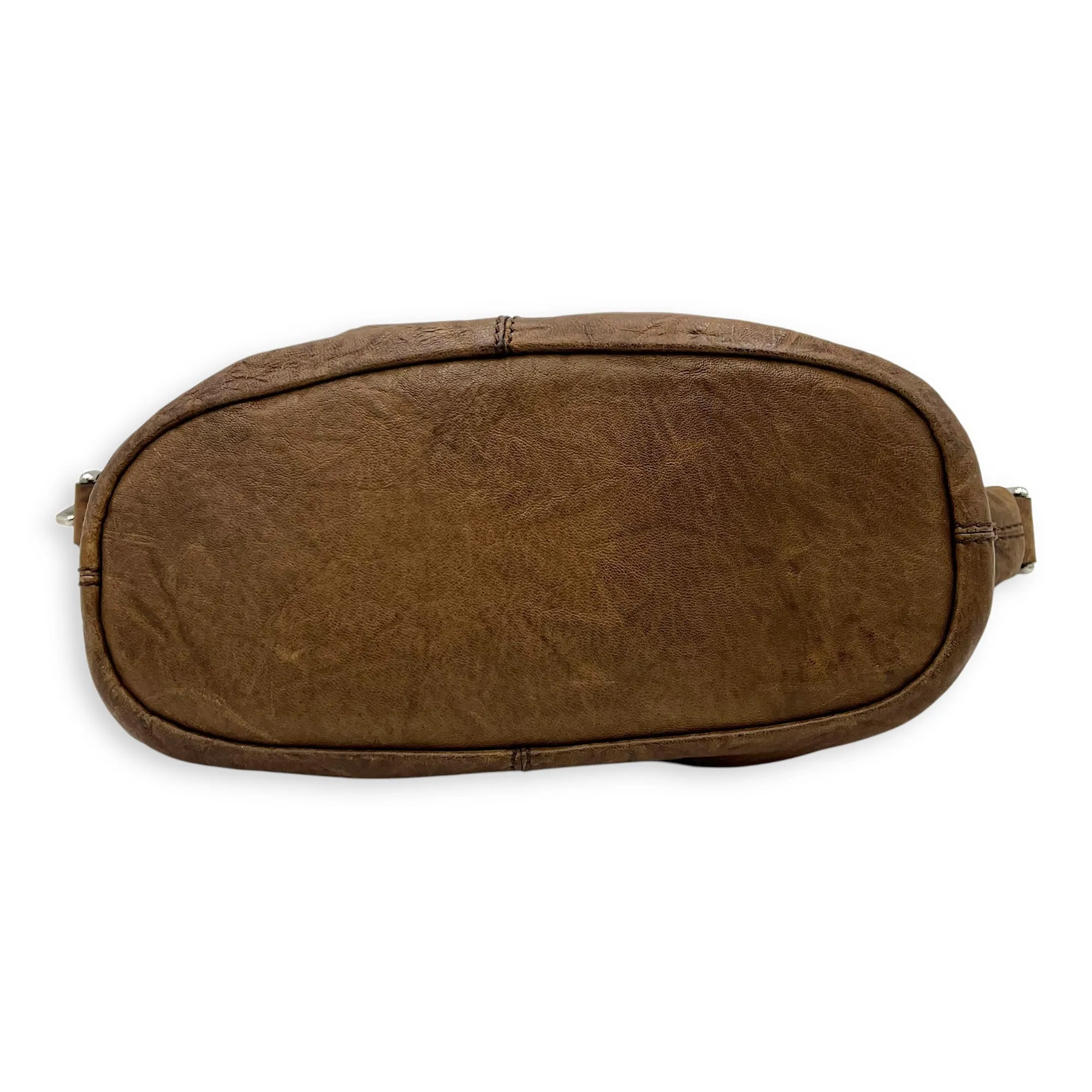 Nightingale Small Brown Top Handle Bag in Distressed Leather, Silver hardware