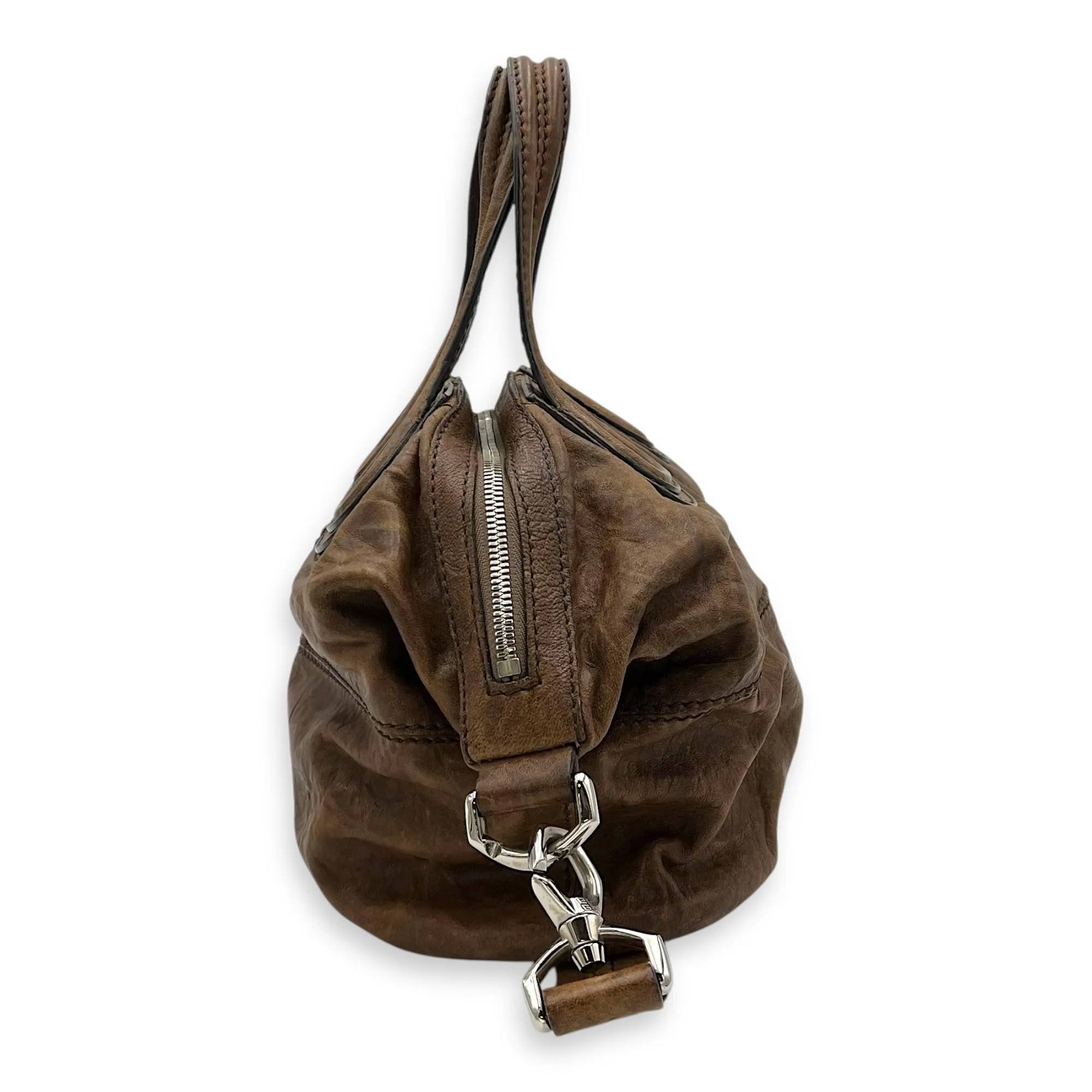 Nightingale Small Brown Top Handle Bag in Distressed Leather, Silver hardware