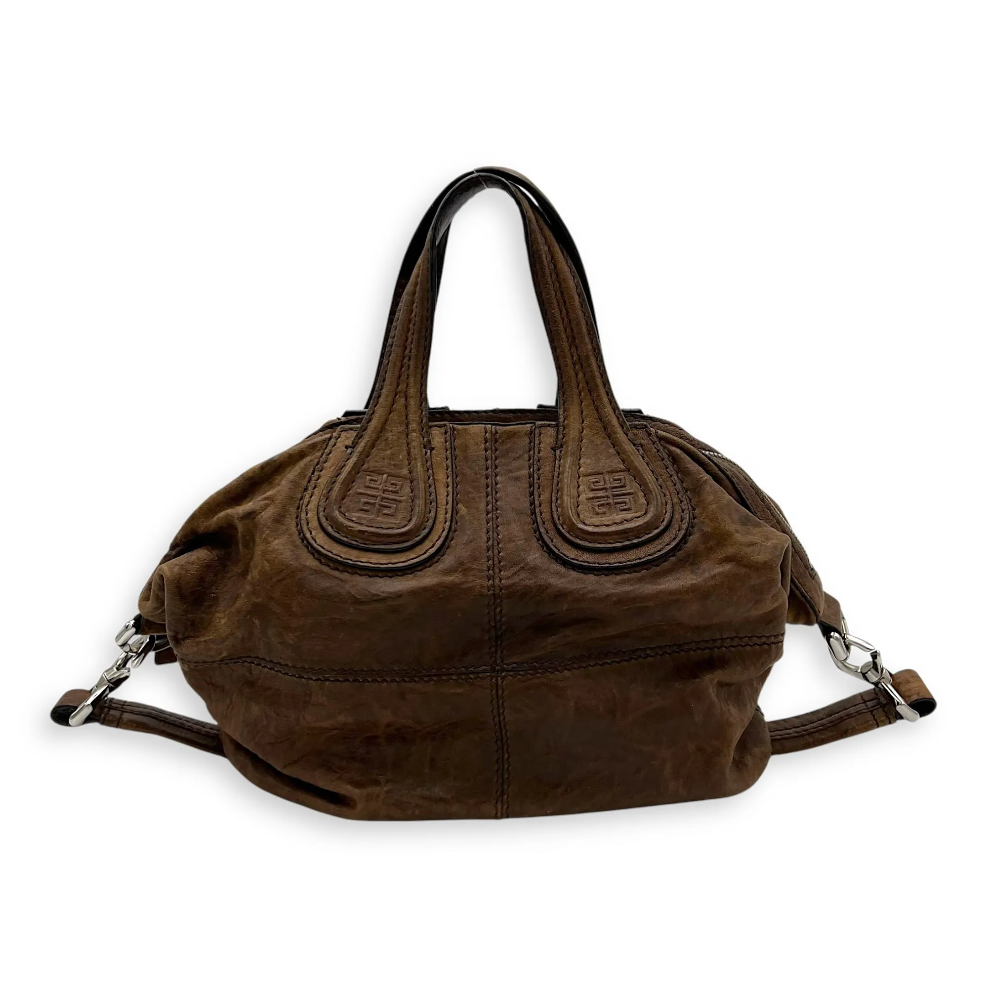Nightingale Small Brown Top Handle Bag in Distressed Leather, Silver hardware