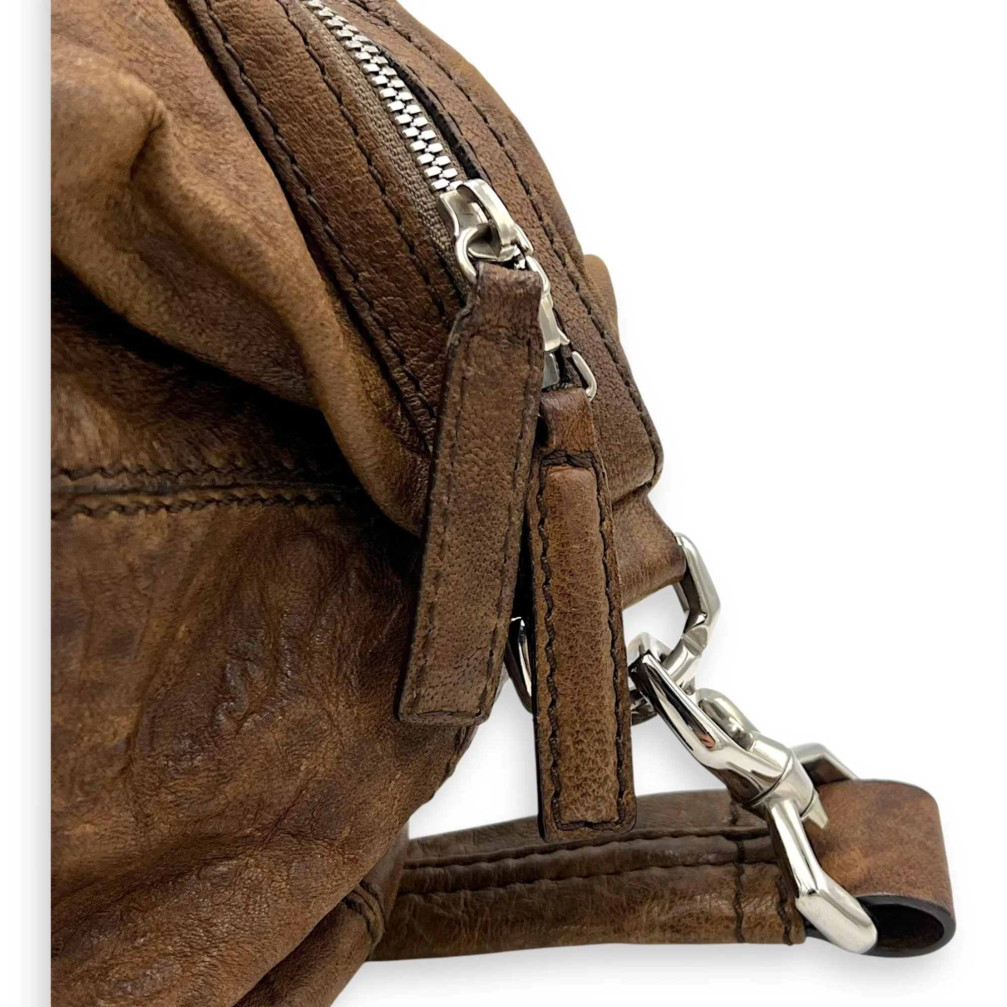 Nightingale Small Brown Top Handle Bag in Distressed Leather, Silver hardware
