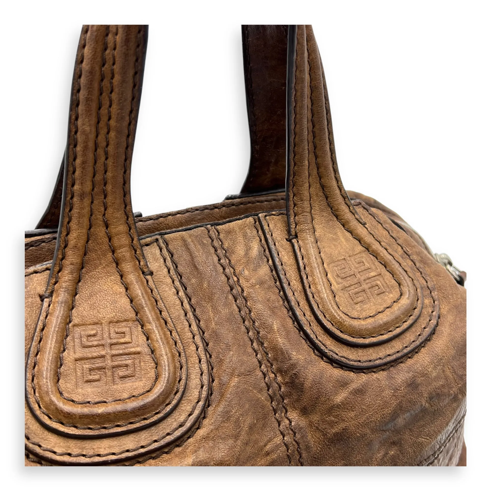Nightingale Small Brown Top Handle Bag in Distressed Leather, Silver hardware