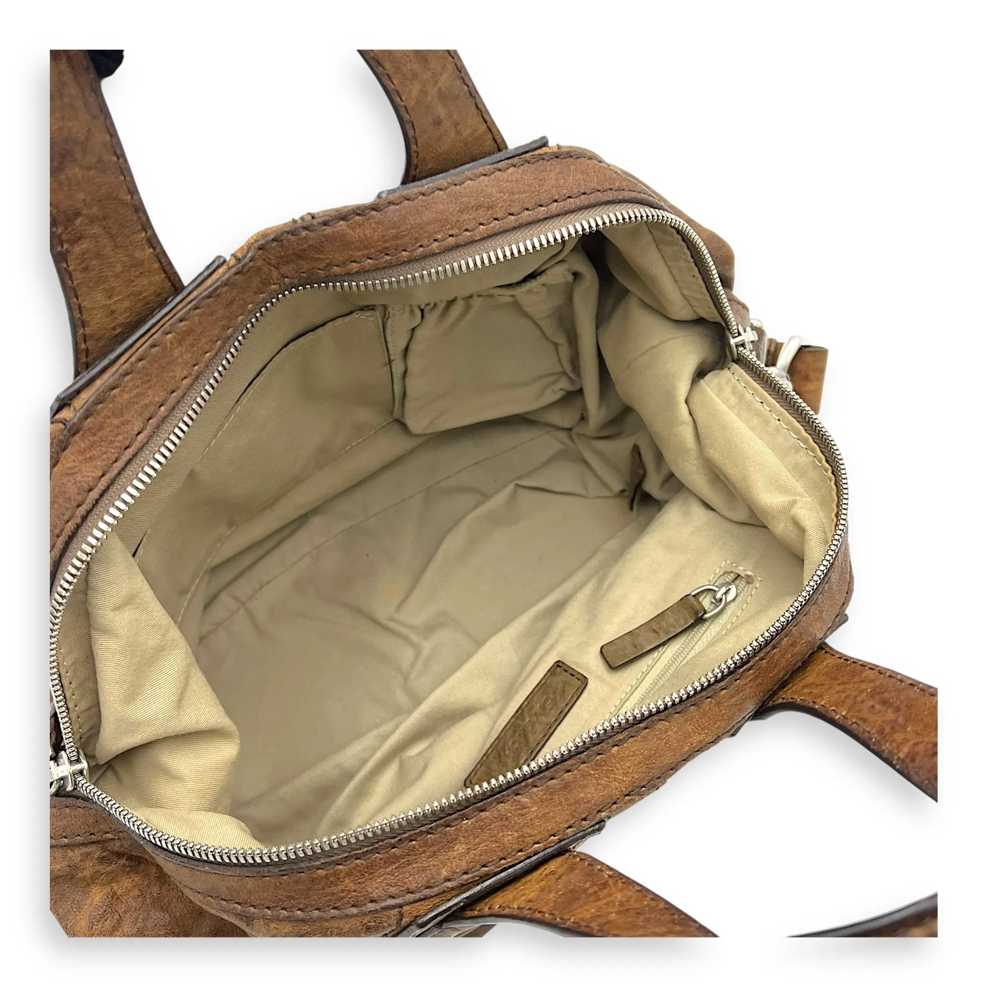 Nightingale Small Brown Top Handle Bag in Distressed Leather, Silver hardware