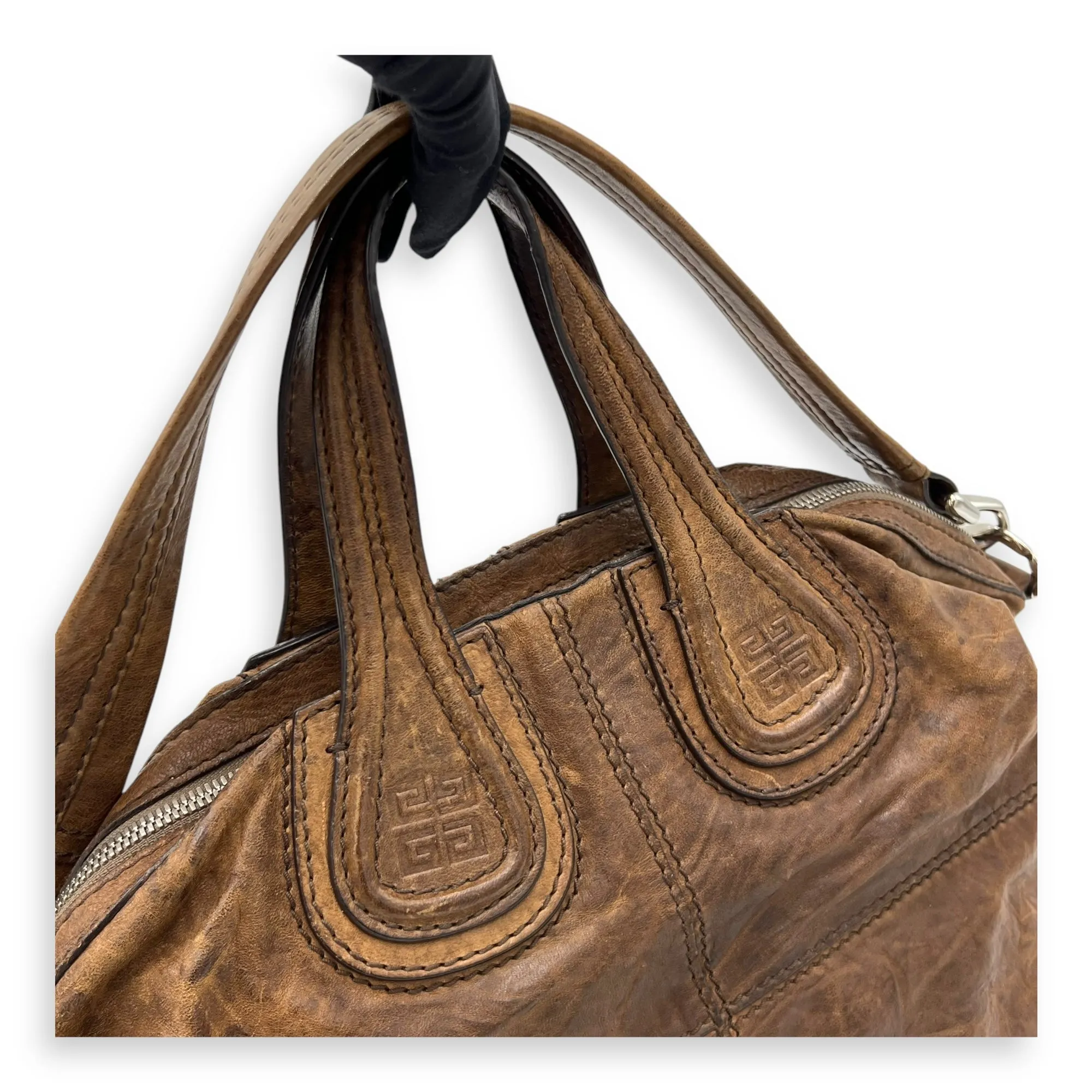 Nightingale Small Brown Top Handle Bag in Distressed Leather, Silver hardware