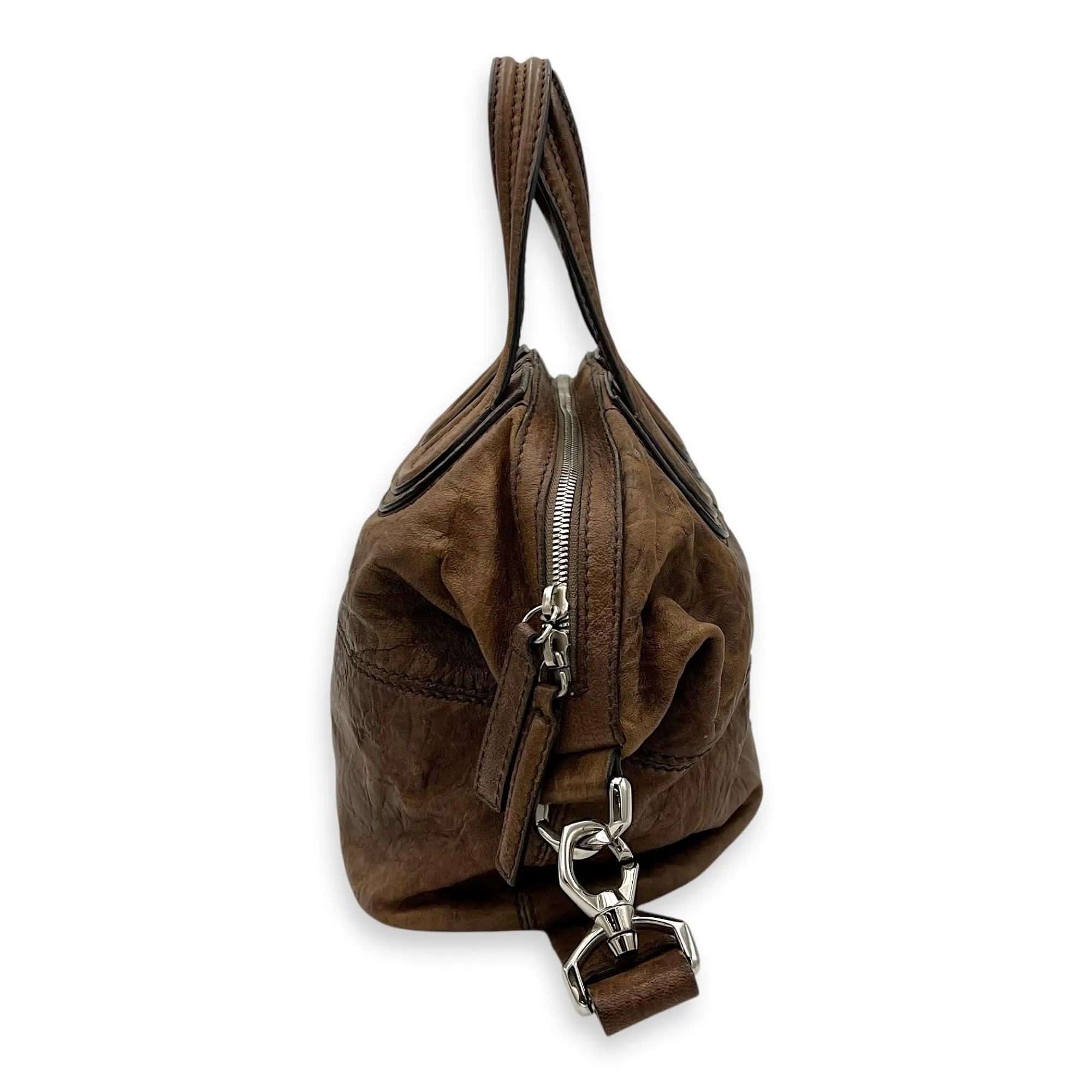 Nightingale Small Brown Top Handle Bag in Distressed Leather, Silver hardware