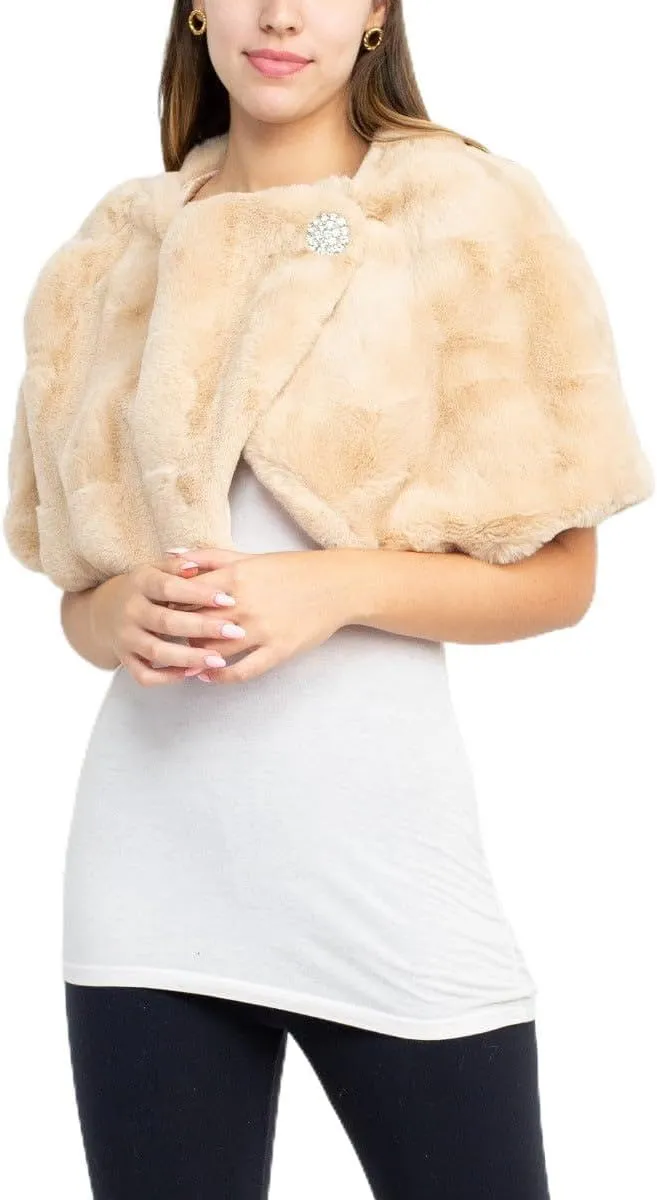 Nina Leonard Crew Neck Cape Sleeve Embellished One Button Solid Faux Fur Toffee/S