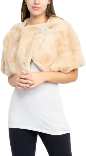 Nina Leonard Crew Neck Cape Sleeve Embellished One Button Solid Faux Fur Toffee/S