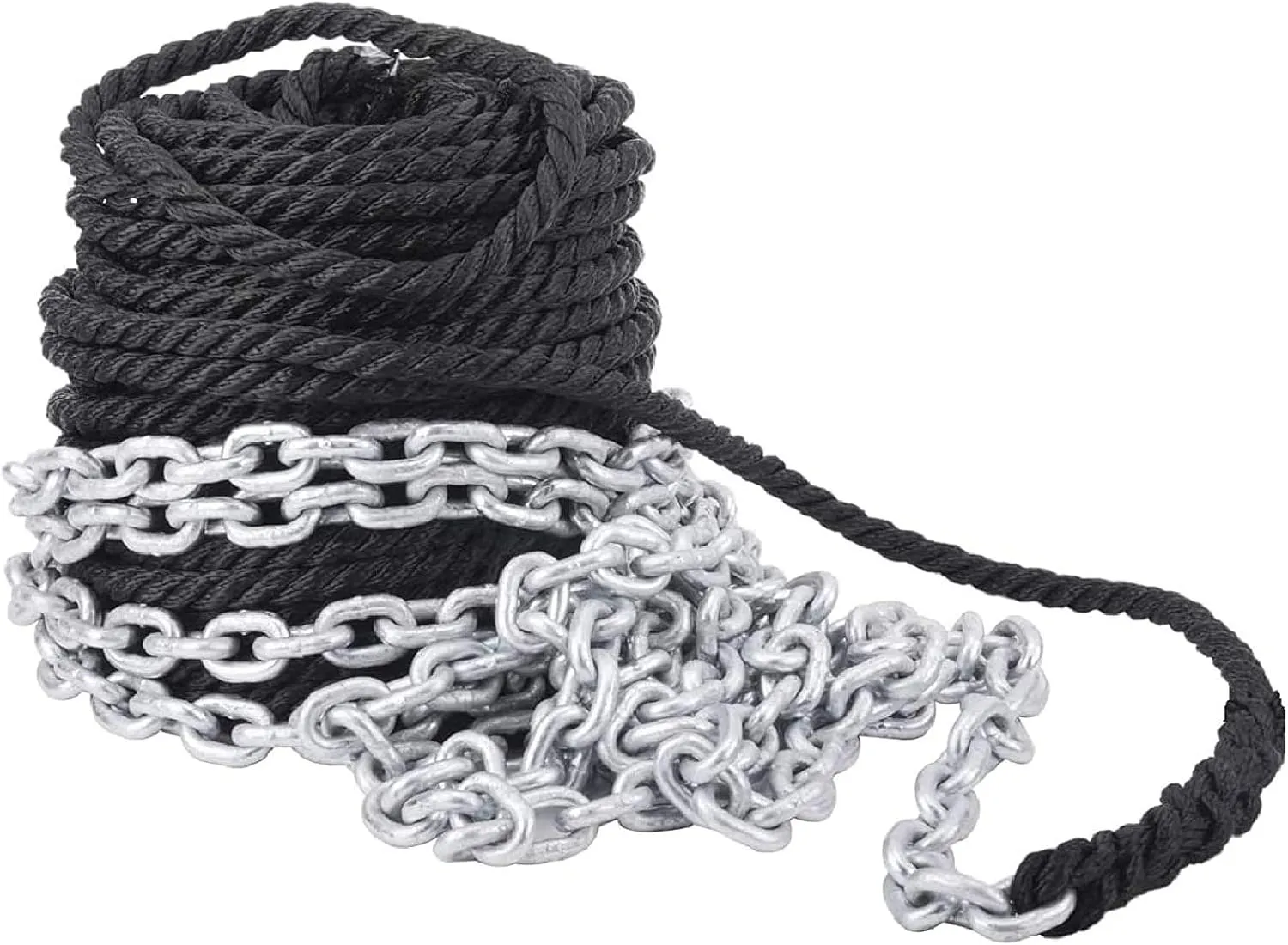 NovelBee 3/8 Inch 100 Feet 3 Strand Twisted Nylon Rope with 1/4 Inch x 15 Feet Galvanized Chain for Boat Dock Line (Black)