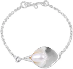 NOVICA Artisan Handcrafted Cultured Pearl Pendant Bracelet from Mexico Sterling Silver Freshwater White Taxco Floral Birthstone [bracelet 7.5 in H x 0.1 in W x 0.1 in D Pendant(s) 0.6 in H x 1.1 in W]