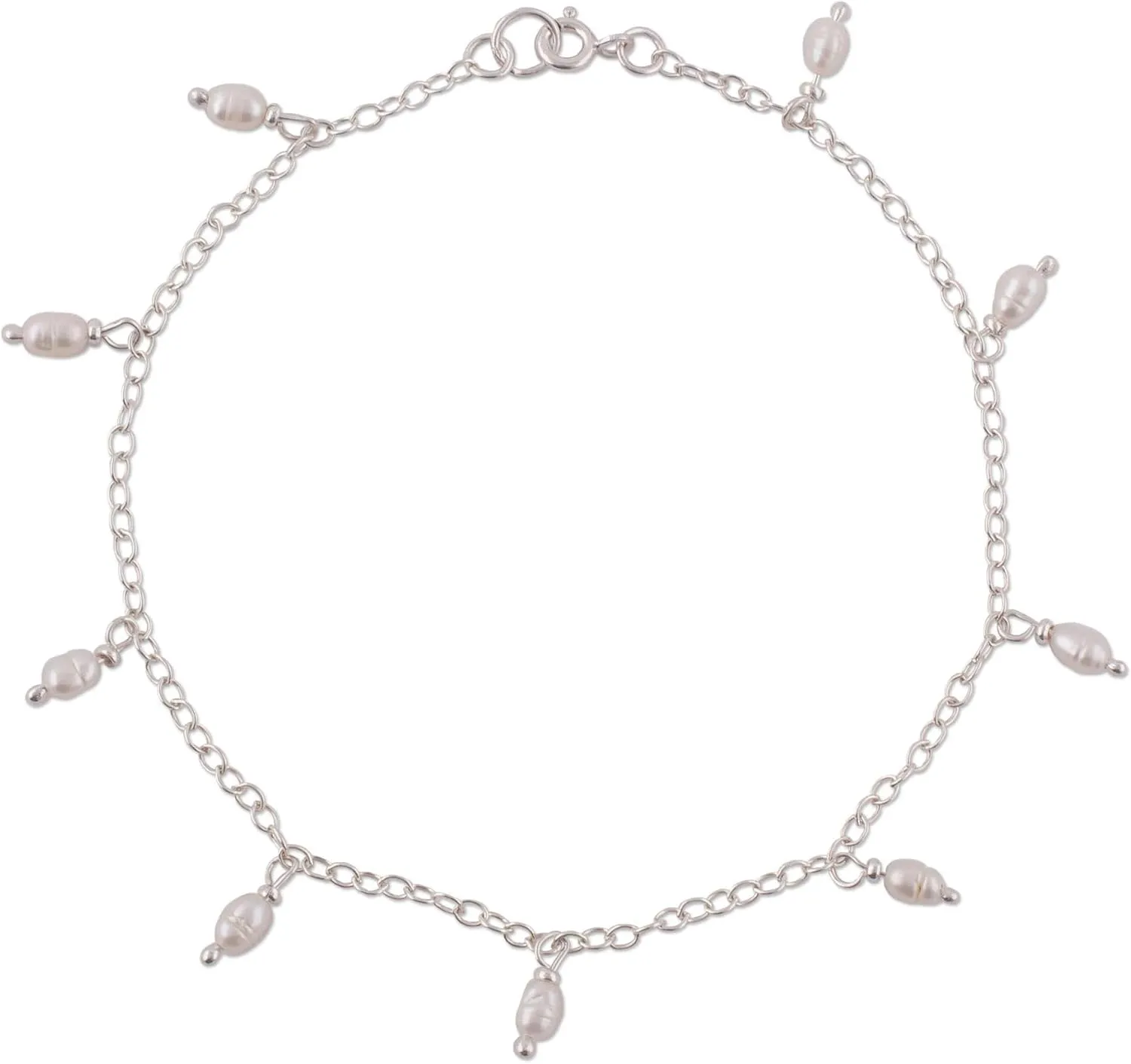NOVICA Artisan Handmade Cultured Pearl Charm Anklet Dangling Sterling Silver from Peru Freshwater White Chain Birthstone [9.5 in L 2 mm W] ' Fresh Walk'