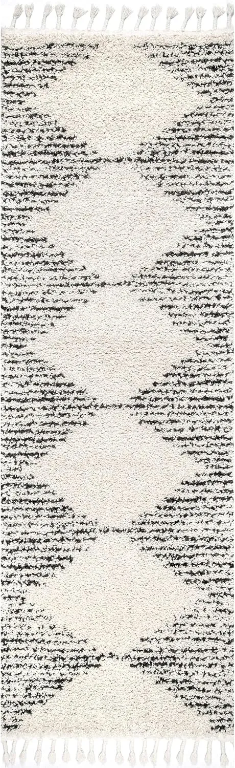 nuLOOM Bria Moroccan Shag Tasseled Area Rug - 2x12 Runner Shag Rug Modern/Contemporary Off-White/Charcoal Rugs for Living Room Bedroom Dining Room Nursery Entryway Hallway