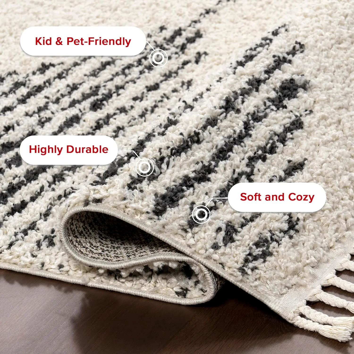 nuLOOM Bria Moroccan Shag Tasseled Area Rug - 2x12 Runner Shag Rug Modern/Contemporary Off-White/Charcoal Rugs for Living Room Bedroom Dining Room Nursery Entryway Hallway