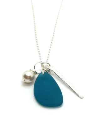 Ocean Blue Charm Necklace with Hammered Sterling Silver Bar Charm and Crystal Pearl by Aimee Tresor Jewelry