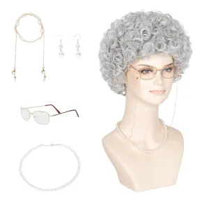 Old Lady Grandma Women Short Curly Wig Granny Cosplay Costume 100th Day of School Party Halloween Hair (Silver Grey)