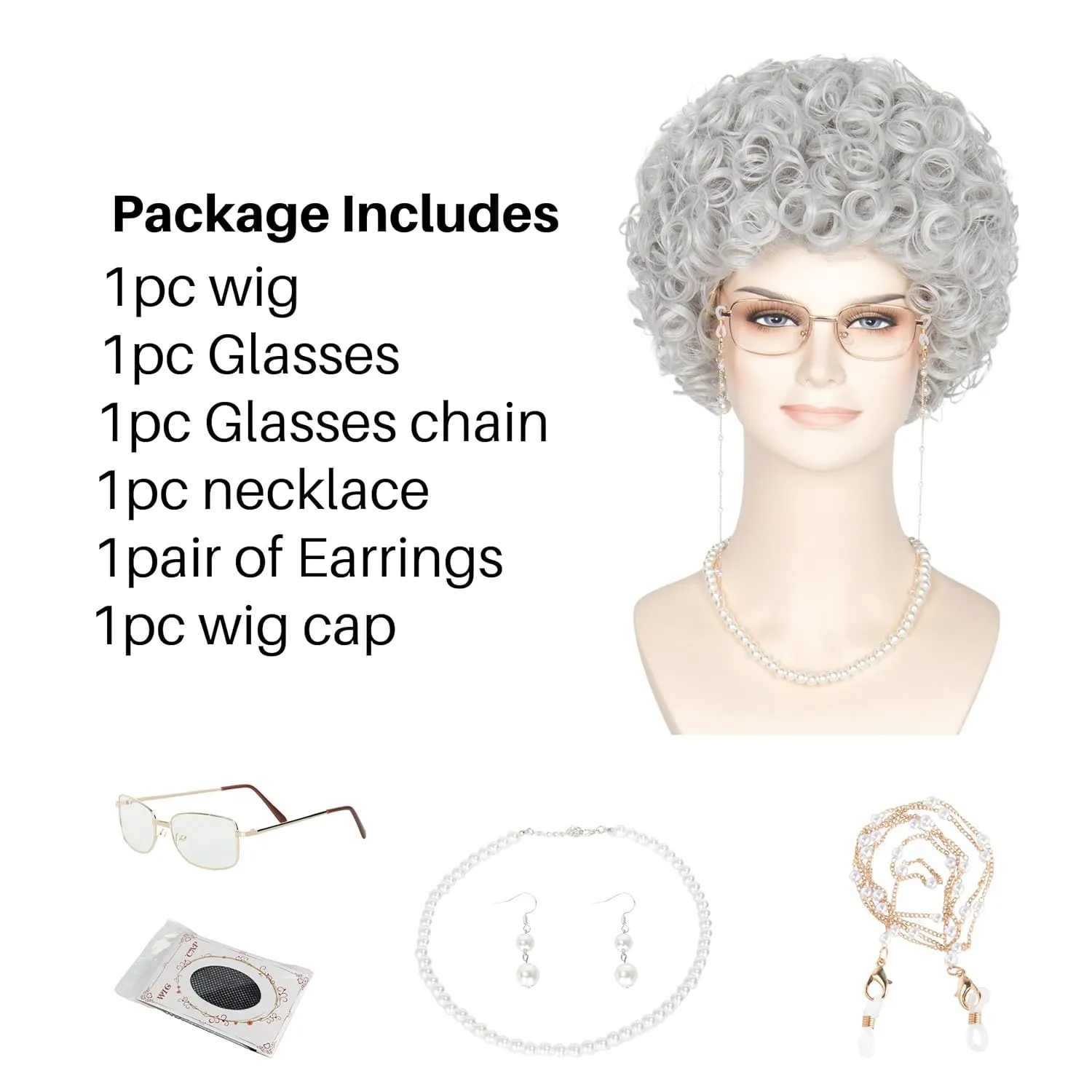 Old Lady Grandma Women Short Curly Wig Granny Cosplay Costume 100th Day of School Party Halloween Hair (Silver Grey)