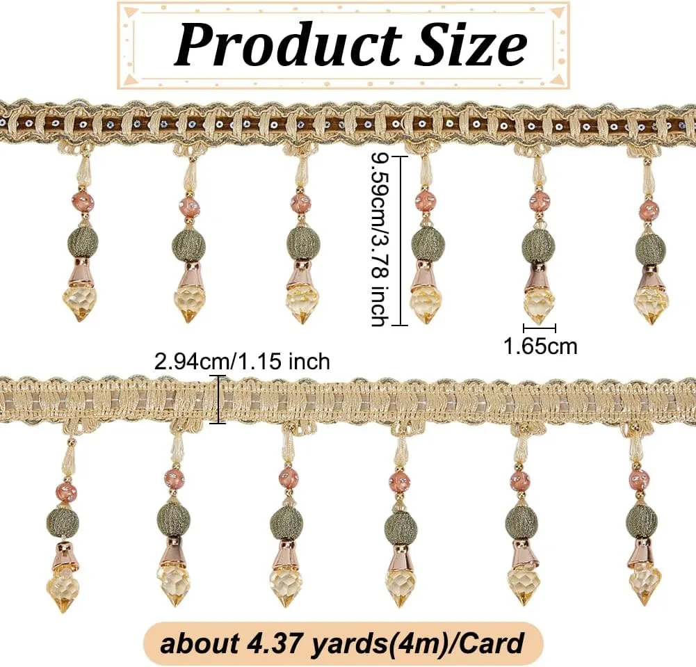 OLYCRAFT Golden Bead Tassel Curtain Trim: 4.4 Yard, Polyester, Glass, Bohemian, Special Occasions