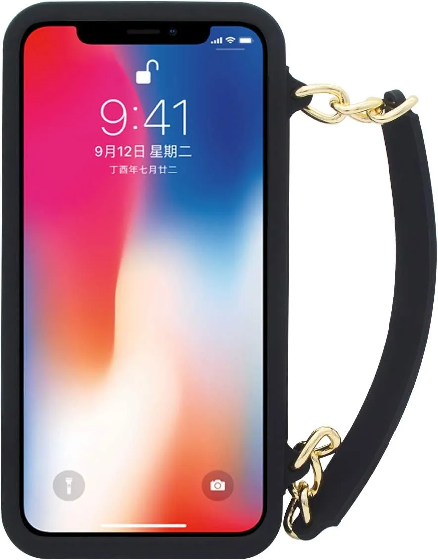 Omio for iPhone 12 Handbag Case with Card Holder Wrist Lanyard Strap Soft Silicone Cover Wallet Case for Women Luxury Stylish Long Pearl Crossbody Chain Case