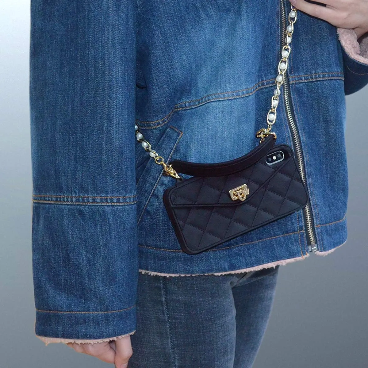 Omio for iPhone 12 Handbag Case with Card Holder Wrist Lanyard Strap Soft Silicone Cover Wallet Case for Women Luxury Stylish Long Pearl Crossbody Chain Case