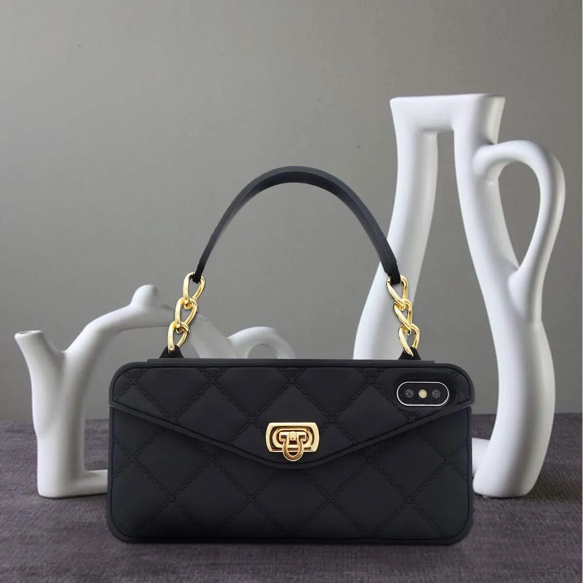 Omio for iPhone 12 Handbag Case with Card Holder Wrist Lanyard Strap Soft Silicone Cover Wallet Case for Women Luxury Stylish Long Pearl Crossbody Chain Case