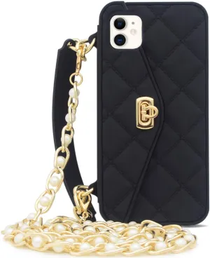 Omio for iPhone 12 Handbag Case with Card Holder Wrist Lanyard Strap Soft Silicone Cover Wallet Case for Women Luxury Stylish Long Pearl Crossbody Chain Case