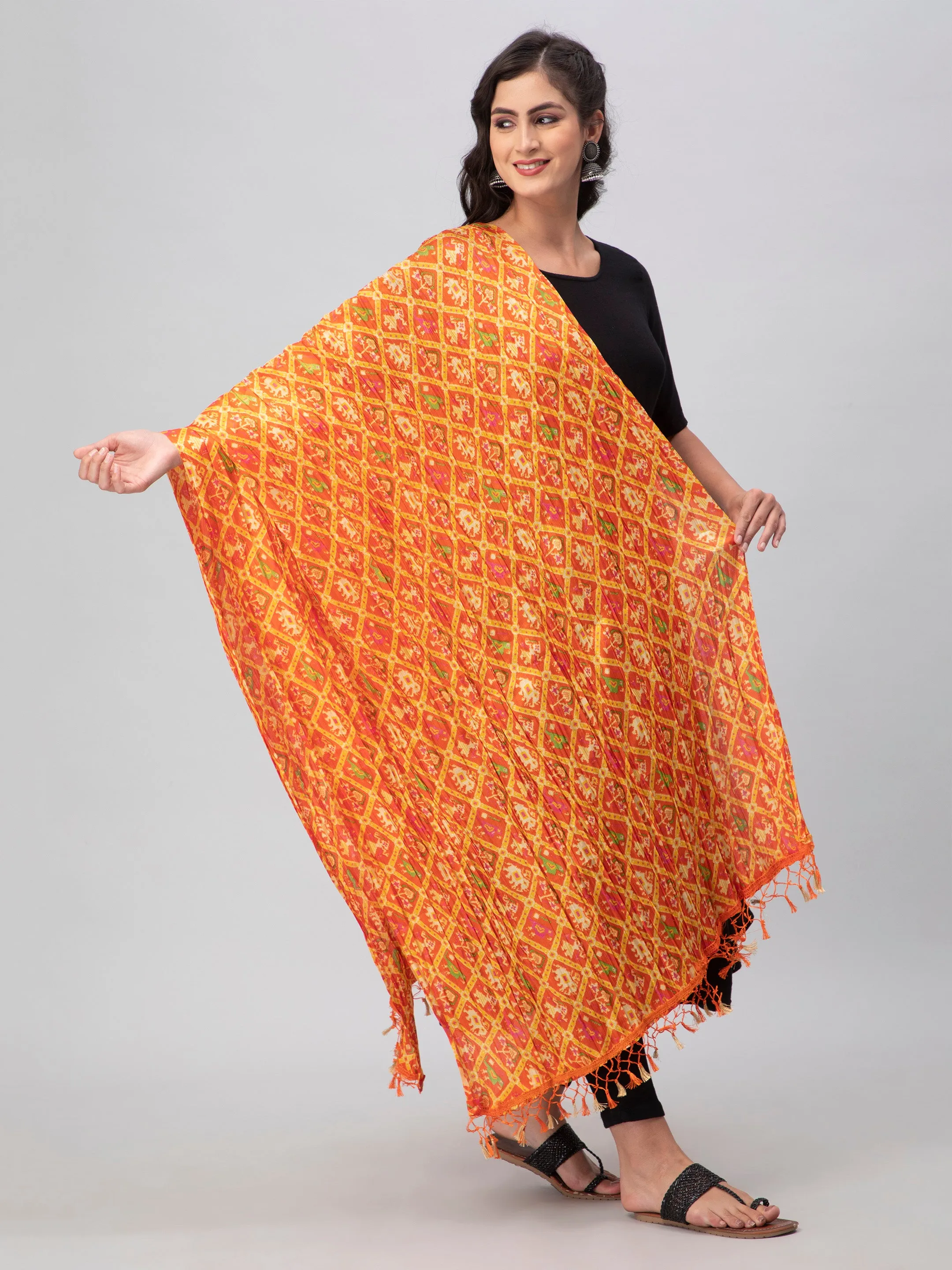 Orange Printed Silk Dupatta