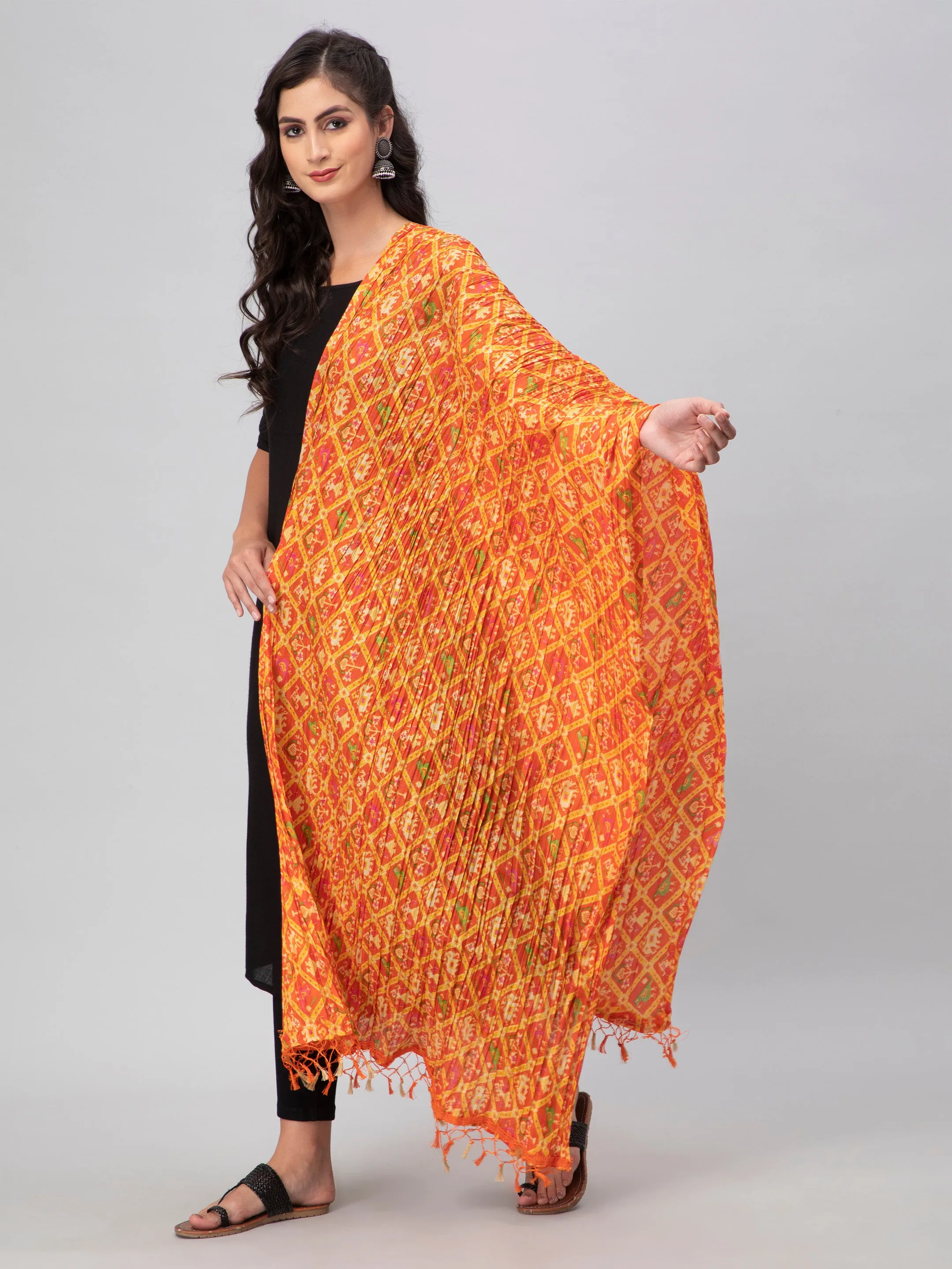 Orange Printed Silk Dupatta