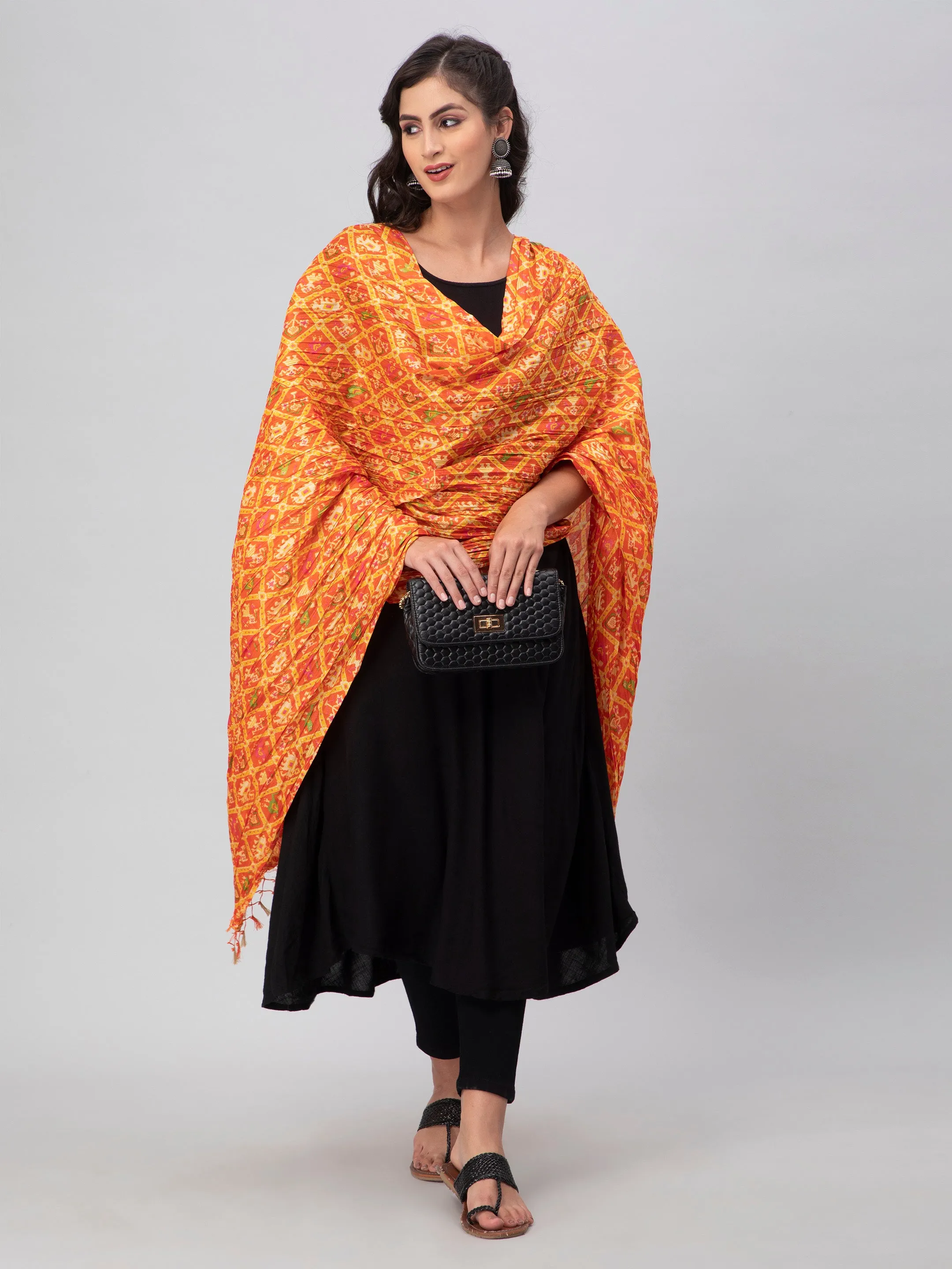 Orange Printed Silk Dupatta