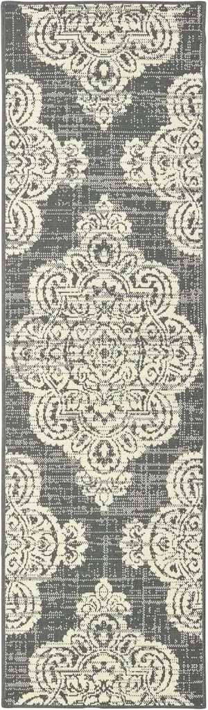 Oriental Weavers Marina Indoor/Outdoor Rug - 5929E - 2'3" x 7'6" - in Grey/Ivory - Vintage Bohemian Style, Water, Stain and Fade Resistant, Hose Clean, Patio, Outdoor Living Area Rug