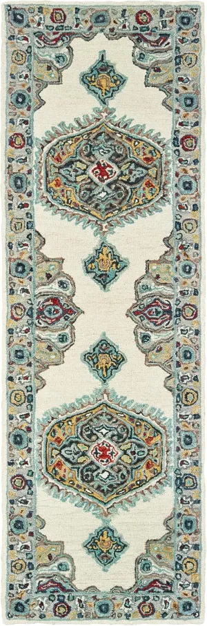 Oriental Weavers Zahra Hand-Made Wool Area Rug - 75505-2'6" x 8' - in Ivory/Grey - Vintage Bohemian Style, Hand-Made Wool Rugs, Entryway, Hallway Runner Rug
